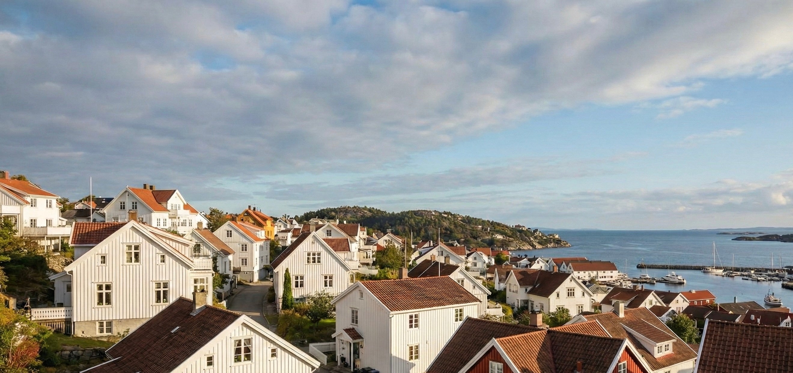 Scenic view of a coastal town with houses and a cloudy sky.